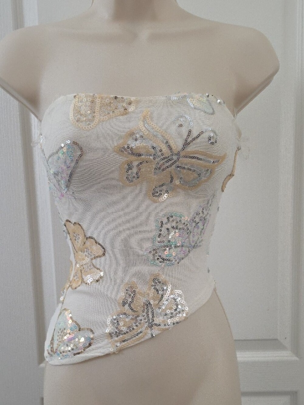 House of Thread | Sequin Sparkly Butterfly Strapless Asymmetrical Hanky hem Top